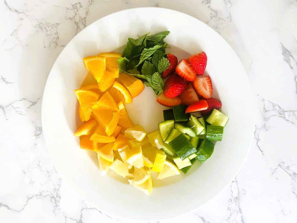 Pimms half and half fruit on a plate