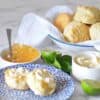 Ginger scones recipe. Fluffy scones sit on a plate with marmalade and fresh cream
