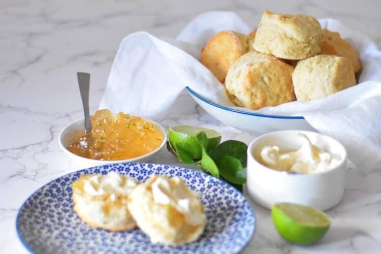Ginger scones recipe. Fluffy scones sit on a plate with marmalade and fresh cream