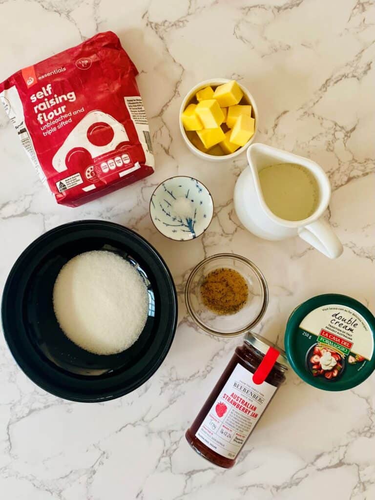 Afternoon Tea Scone ingredients on a marble bench