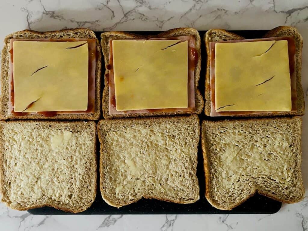 Ham, cheddar and tomato relish finger sandwiches