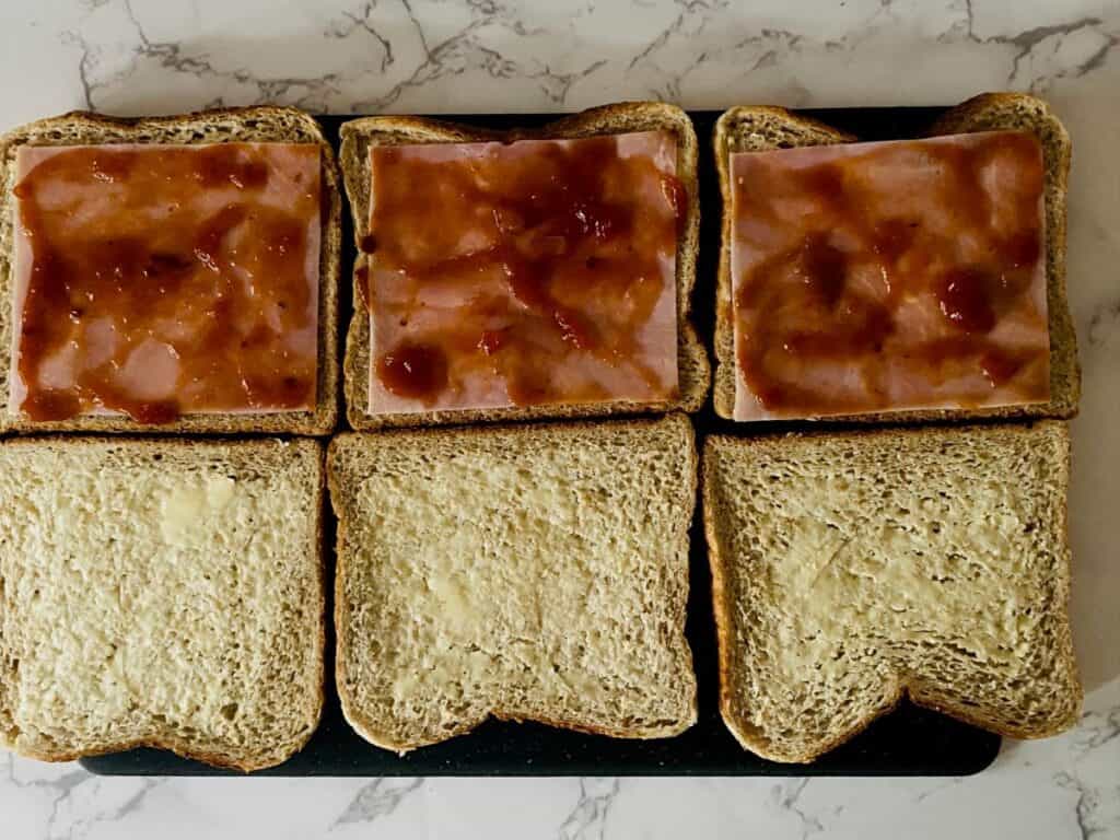Ham, cheddar and tomato relish finger sandwiches