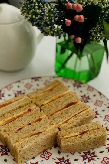 Ham, cheddar and tomato relish finger sandwiches