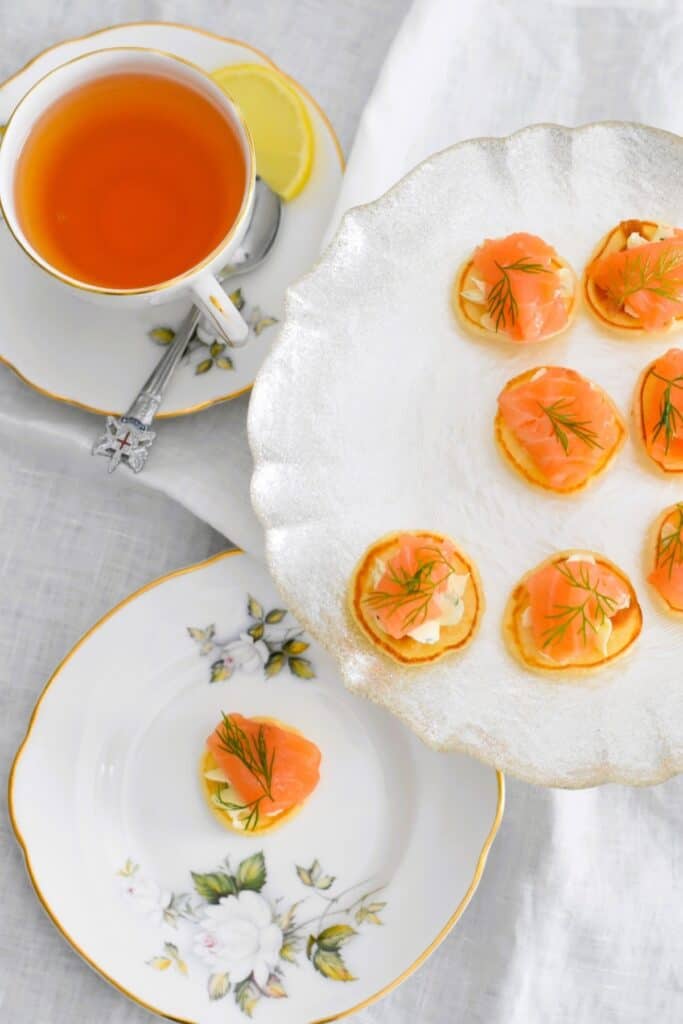 A cup of tea, a plate of Smoked Salmon Pikelets