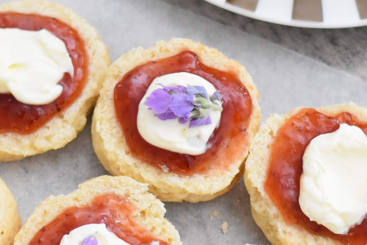 Close up of Afternoon Tea Scones with jam and cream. One is topped with lavender