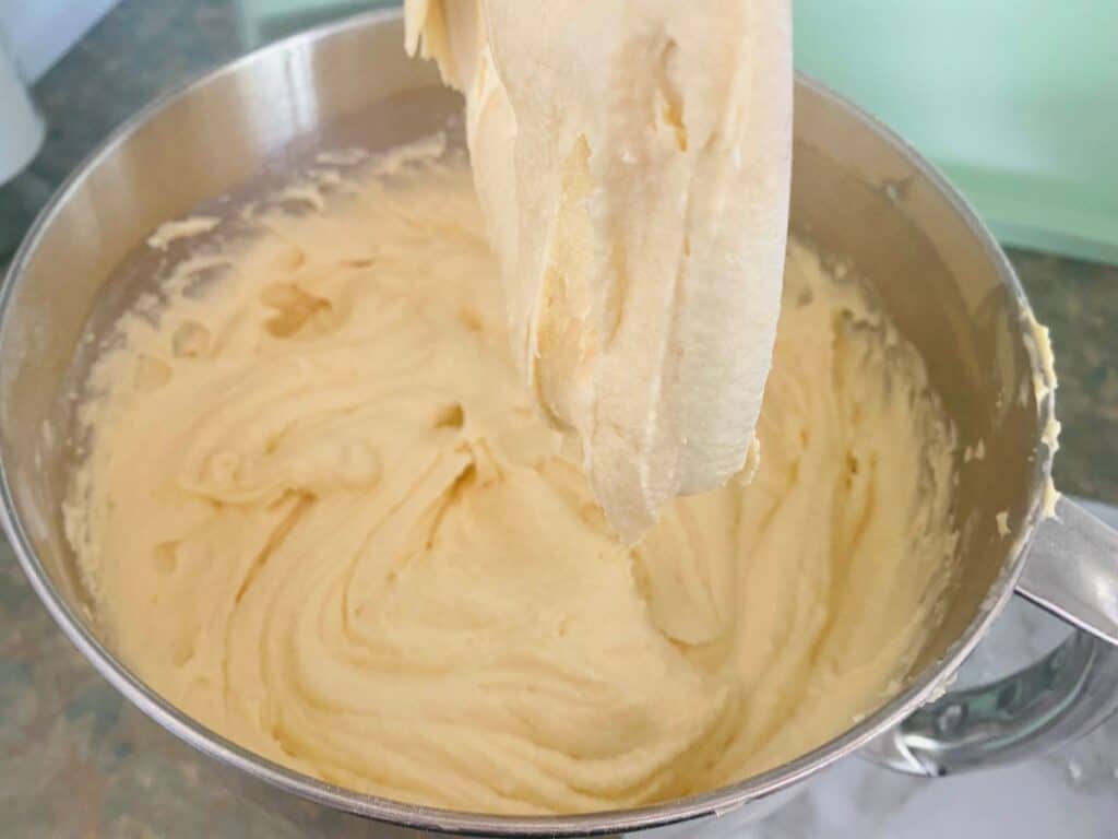 Lemon & Blackberry Sandwich Cake batter in stand mixer