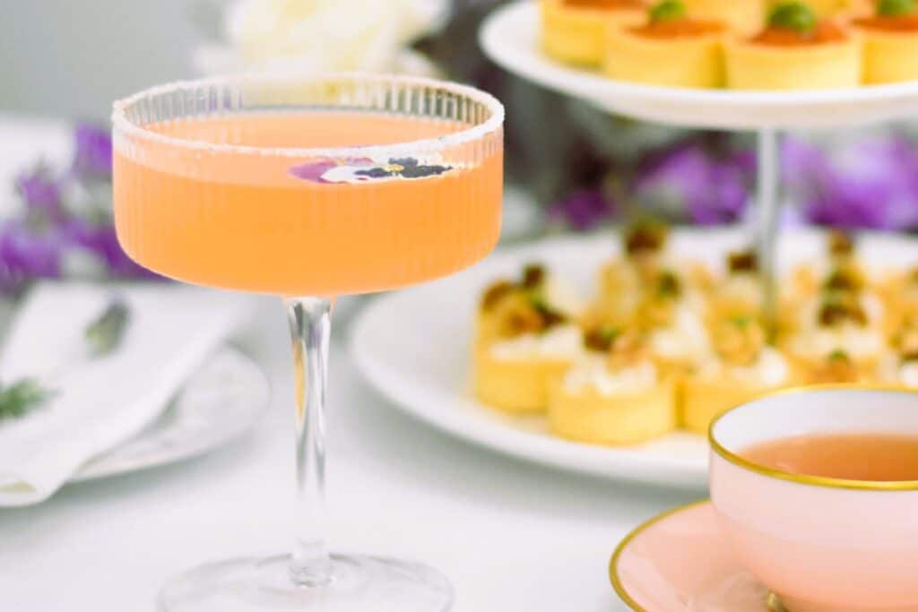 Afternoon tea mimosas on a table with Afternoon tea stand