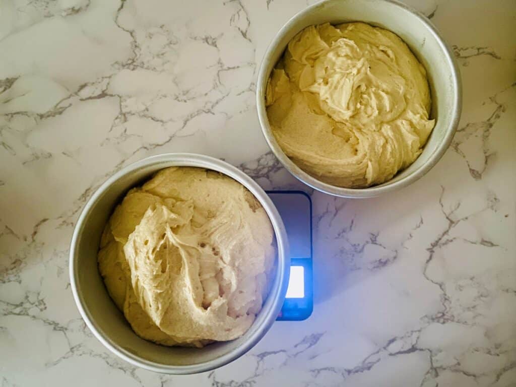 Lemon & Blackberry Sandwich Cake batter in tins on scales