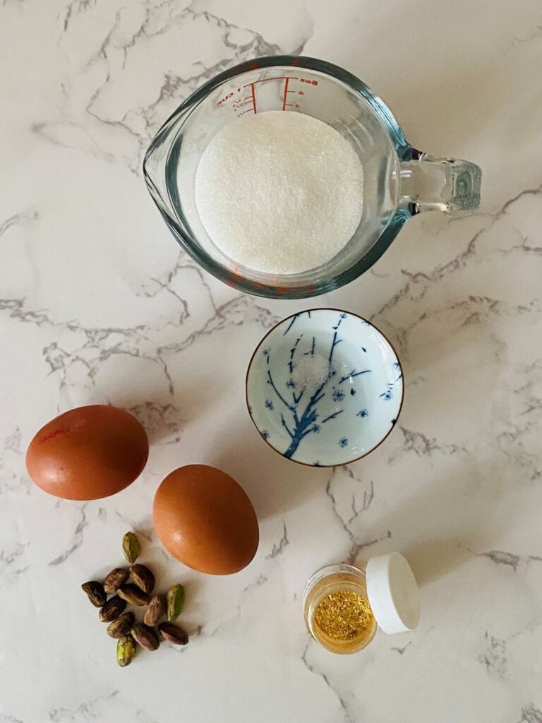 Meringue ingredients for Lemon tartlets with pistachio meringues 