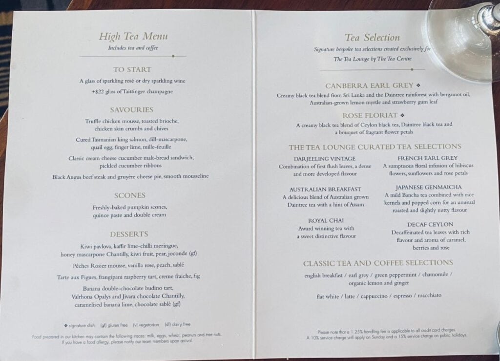 Hyatt Hotel Canberra High Tea Menu