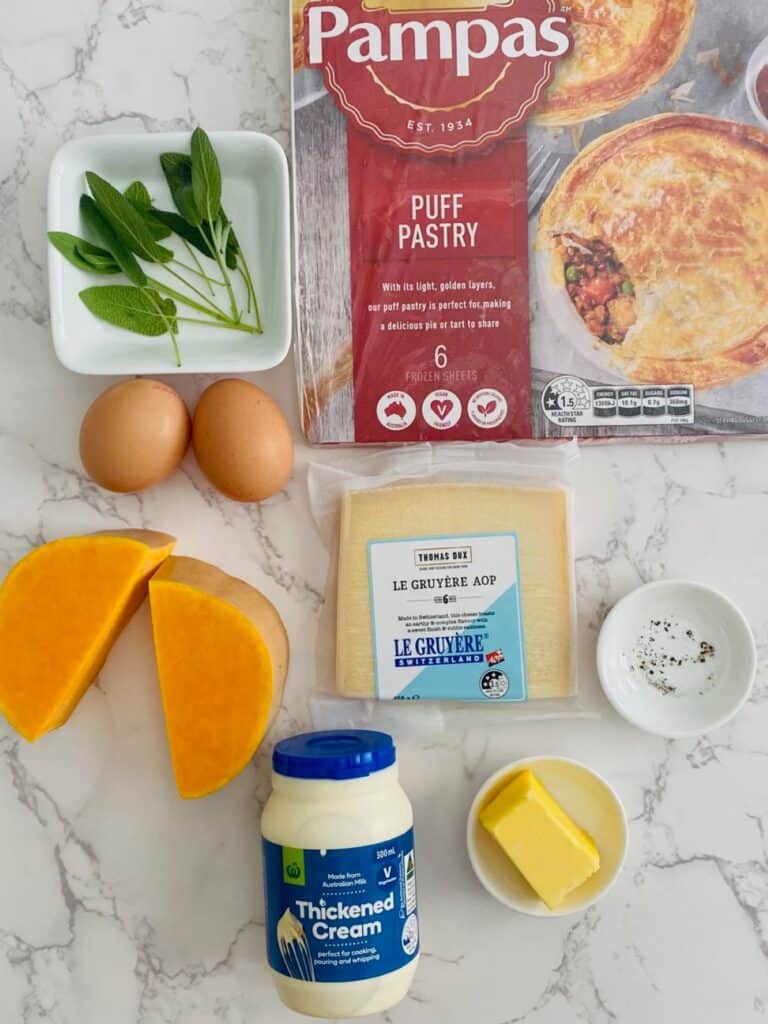 Ingredients for pumpkin & sage mini quiche