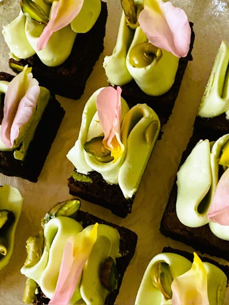 Pistachio Brownies with Pistachio Buttercream bite sized