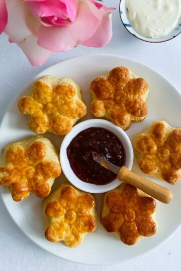 Flower scones with jam and cream