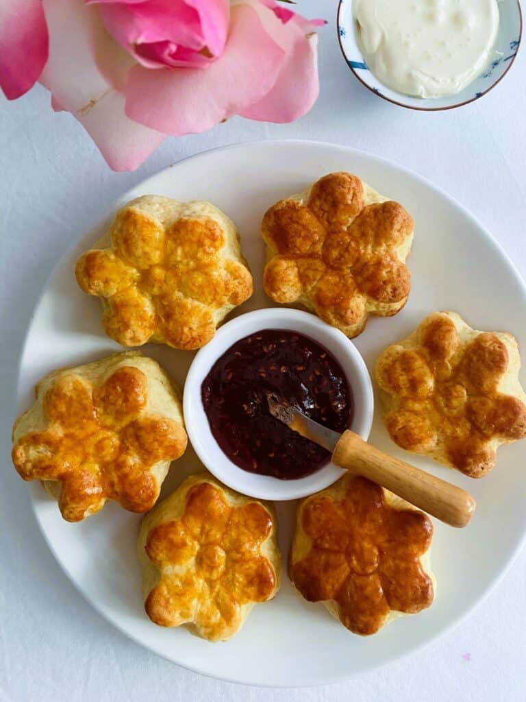 Flower scones with jam and cream
