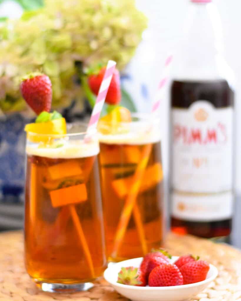 Pimms Half and Half with fruit skewers