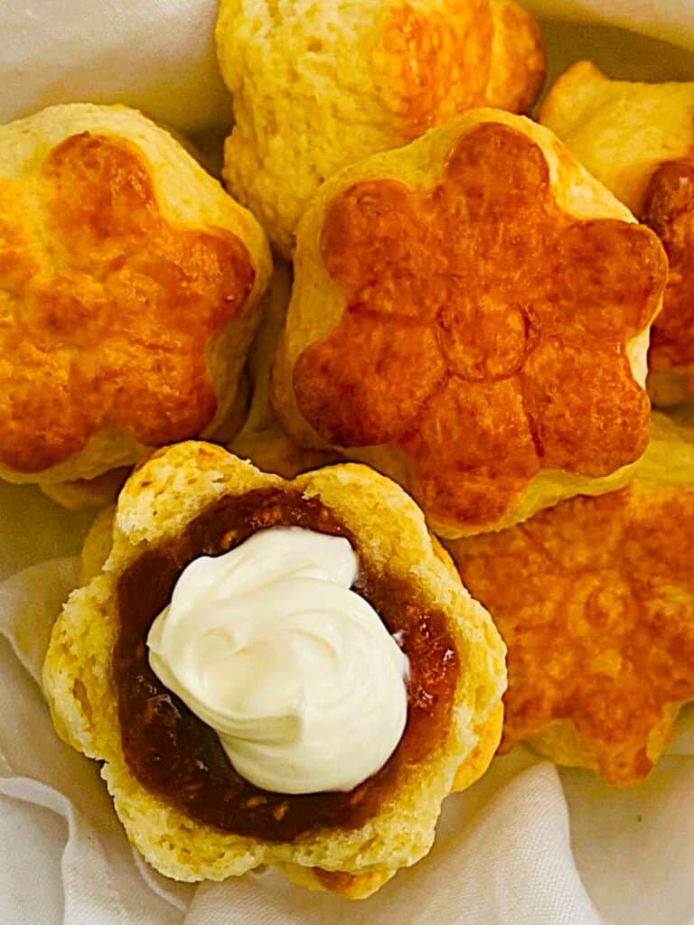 flower scones with jam and cream