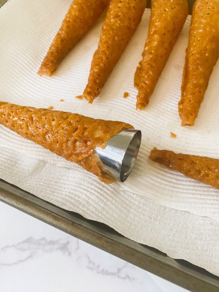 Brandy snap cones on paper towel