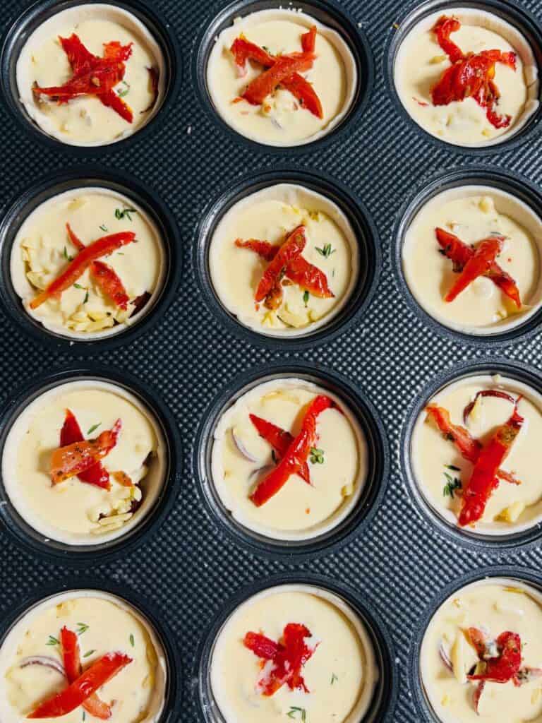 Chorizo & tomato mini quiche ready for the oven