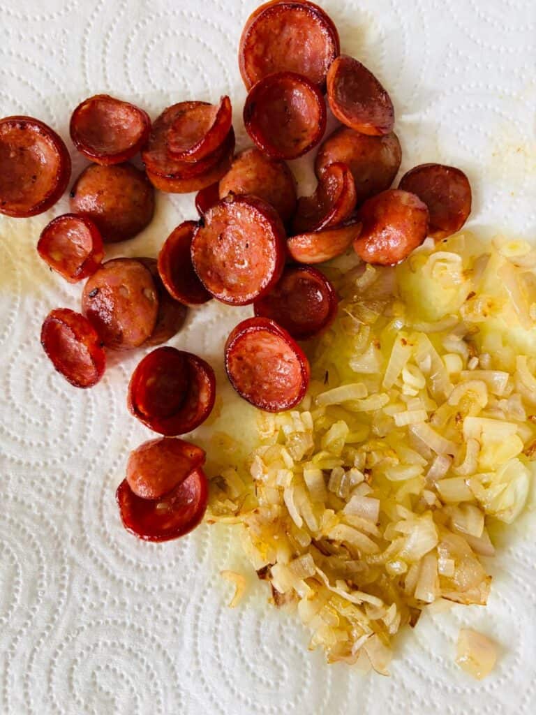 Cooked chorizo and shallot