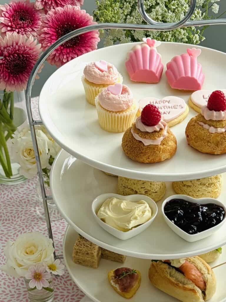 Valentine's Day at home afternoon tea stand with pink gerberas