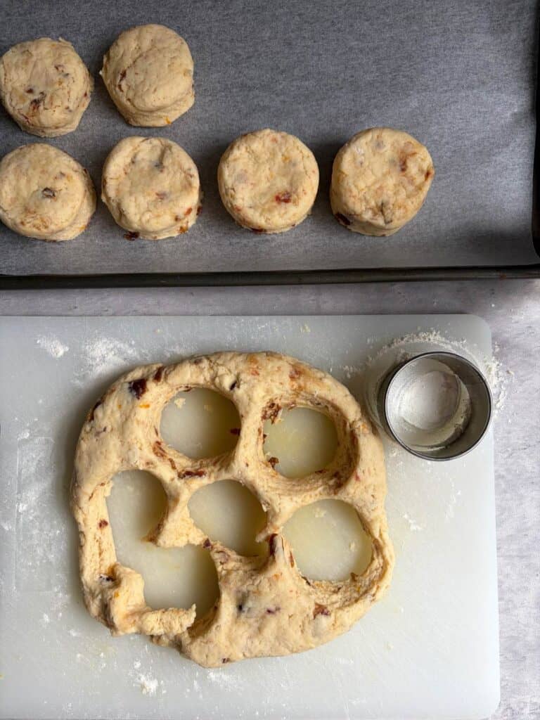Orange and date scones cut out on a tray