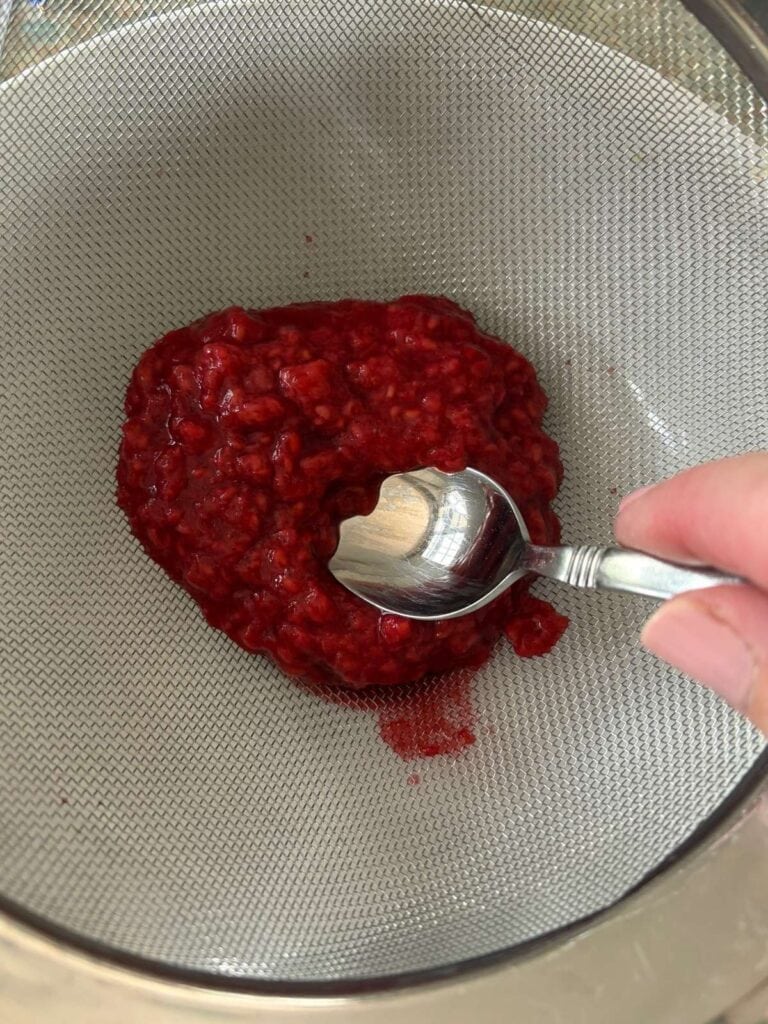 raspberry pushed through a sieve