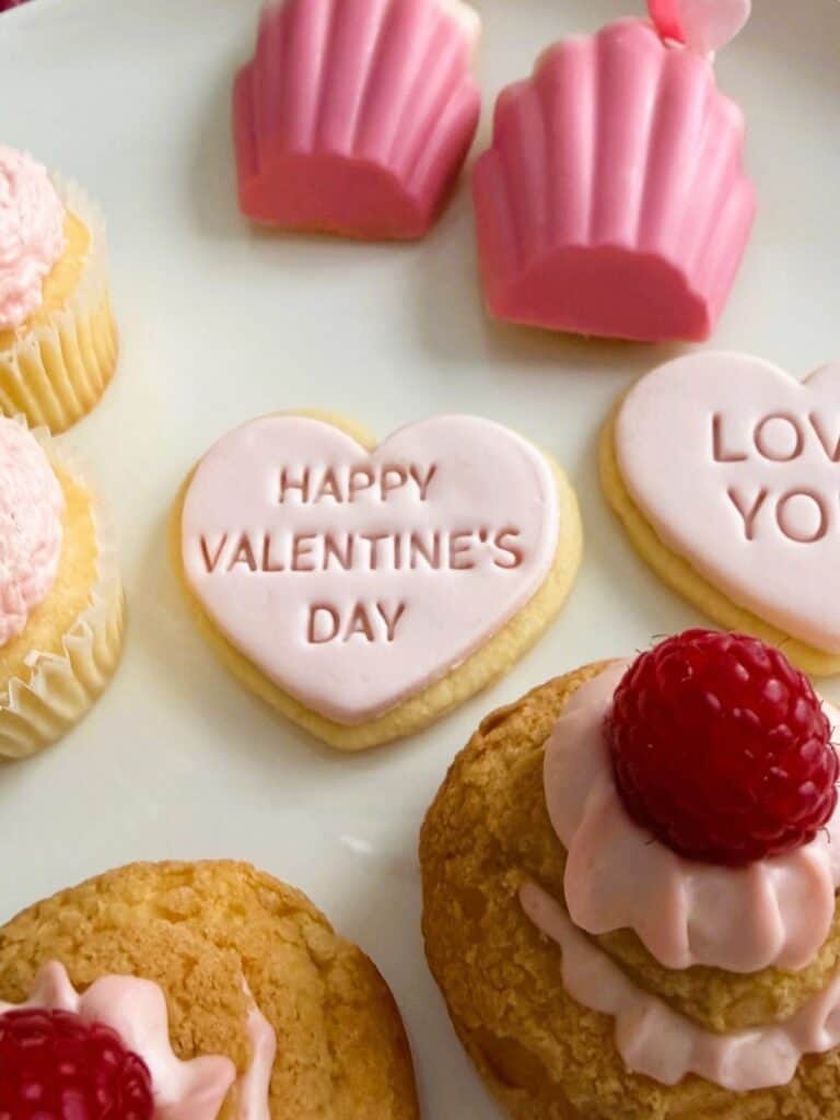 Valentine's Stamp Cookies with raspberry choux puffs