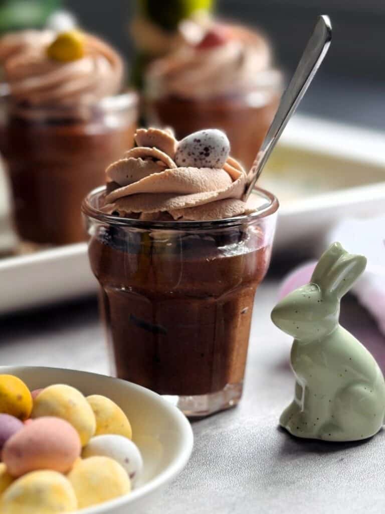 Easter Chocolate Mousse Cups with eggs and a green rabbit