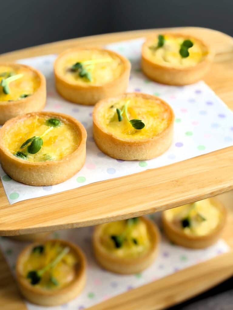Salmon, pea & parmesan tartlets on a tiered stand