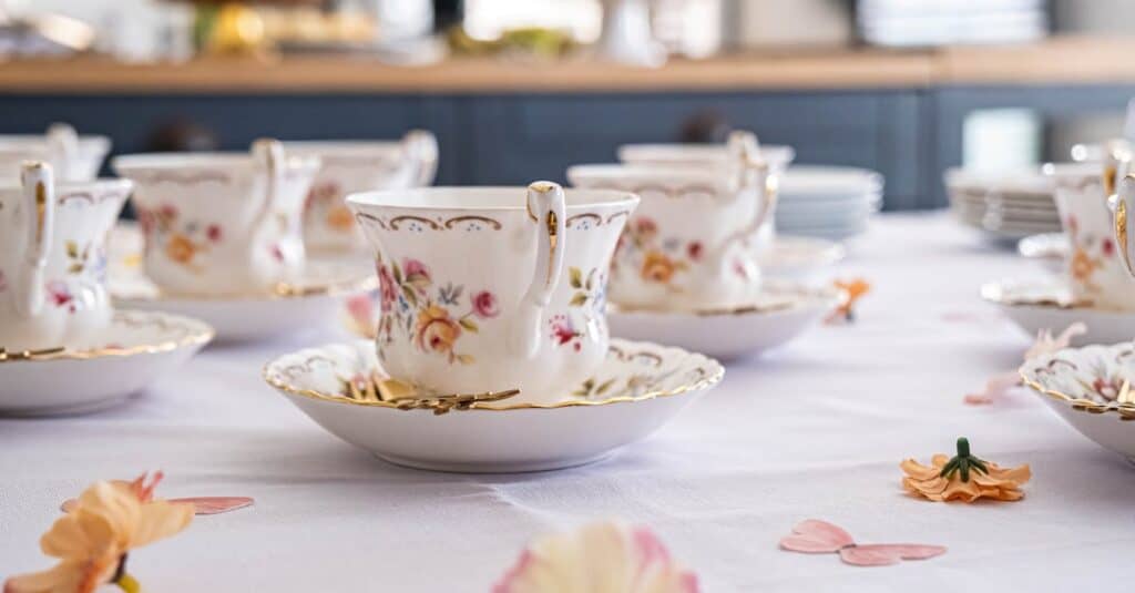 Delicate floral china cups elegantly set up for a tea party. Perfect for showcasing vintage charm.