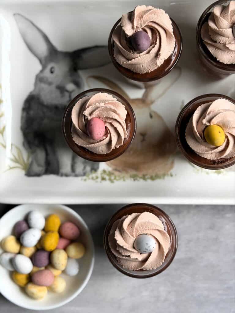 Top down view of Easter chocolate mousse cups