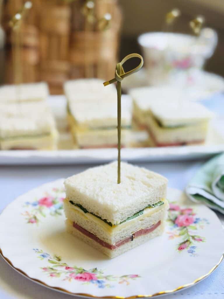 roast beef and horseradish sandwich stacks on a pretty plate